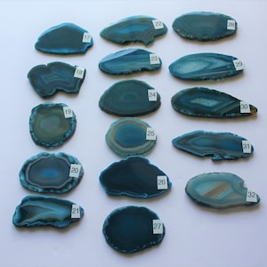 May include: A collection of 16 teal agate slices, each with unique banding patterns. The slices are numbered 17 through 32.