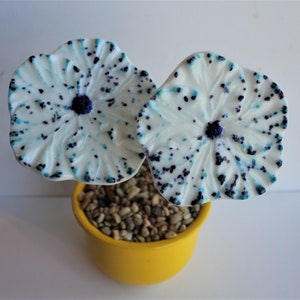 Set of 2 Hibiscus Plant Stakes, White with Blue and Purple Flower, Fused Glass Hibiscus Flower, Plant Stake, Garden Art, Gift for Gardener