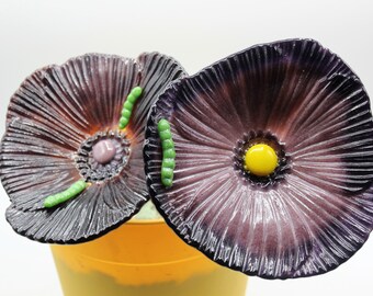 Purple Flower Plant Stake, Poppy Flower, Fused Glass Garden Art, Purple Poppy with Worms, Flower Plant Stake, Yard Art,