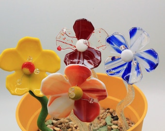 Glass Hibiscus Flower, Glass Plant Stake, Red Yellow Blue Orange Flower Plant Stake, Garden Art, Gift, Yard Art, Decor, Indoor Plant Stake