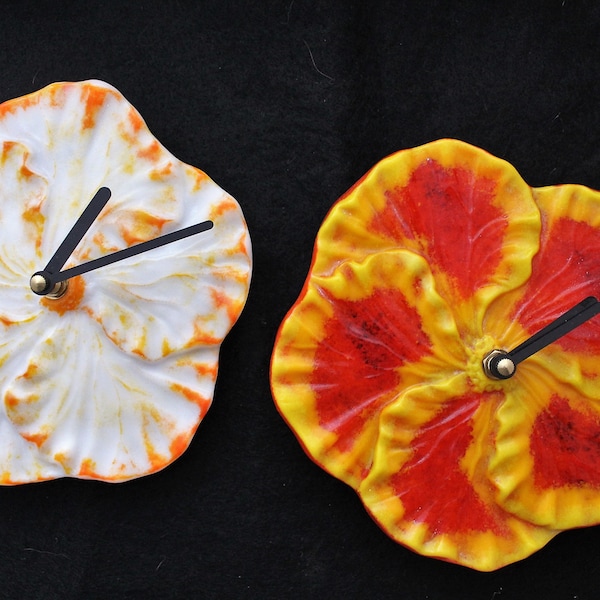 Hibiscus Flower Clock, White Flower Clock, Fused Glass Clock, Yellow and Orange Clock, Flower Wall Clock