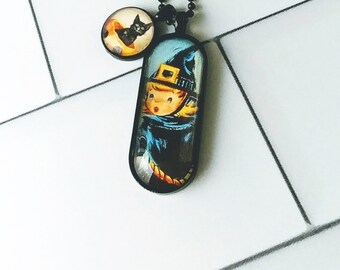 Halloween Necklace with Cat and Witch pendants