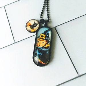 Halloween Necklace with Cat and Witch pendants