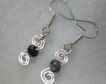 Winding Road Silver Wire Wrapped Earrings with Jet Black Crystals and French hook ear wires