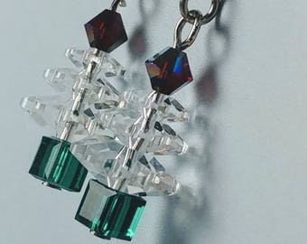 Christmas tree earrings made with Swarovski crystals in clear, red and green with French ear wires.