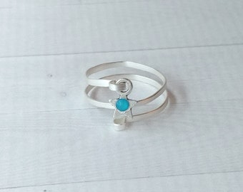 Hammered Silver Spiral Ring: Azure Swarovski Crystal Star, Adjustable