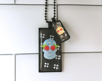 Sugar Skull pendant necklace in blue, orange and black