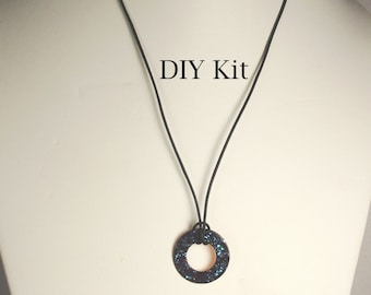 Leather necklace with washer pendant DIY kit. Fun kit to learn how to make jewelry for beginners age 8 and up.