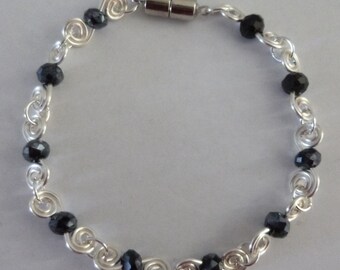 Winding Road silver wire wrapped bracelet with Jet Black Swarovski crystals