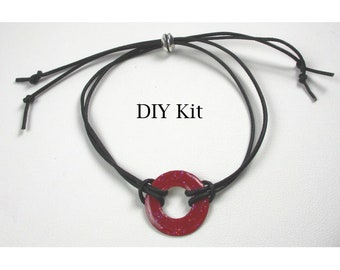 Black Leather Bracelet DIY Kit, Copper Washer, Jewelry Making