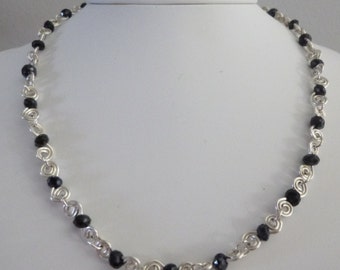 Winding Road Silver Wire Wrapped Necklace with Jet Black Crystals