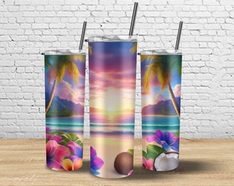 Sunset Beach Tumbler Wrap  20 oz Skinny Ocean Sunset Tumbler Sublimation - Tropical Flowers Palm Trees PNG Design  Digital Download