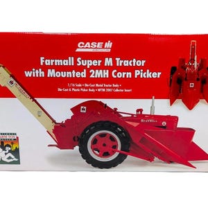 May include: A red and white product box for a 1/16 scale Farmall Super M Tractor with Mounted 2MH Corn Picker. The box features the Case IH logo, text detailing the die-cast metal and plastic construction, and a National Farm Toy Museum logo.