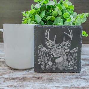 Whitetail Deer Slate Coasters: Rustic Engraved Home Decor