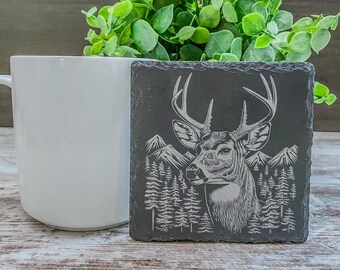 Whitetail Deer Slate Coasters: Rustic Engraved Home Decor