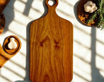 Solid Cherry Cutting Board with Handle - Handmade One Piece Wood Charcuterie Board - Warm Serving Tray - Personalized Custom Wedding Gift