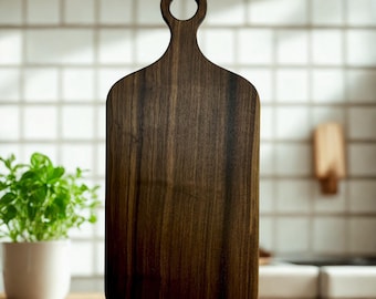 Solid Walnut Cutting Board with Handle - Handmade Dark Wood Charcuterie Board-Large Serving Tray - Personalized 5th Anniversary Gift for Him