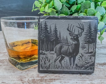 Engraved Whitetail Deer Slate Coasters: Rustic Cabin Decor, Set of 4