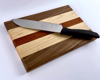 Three Tone Wood Cutting Board, Padauk Walnut Maple Cutting Board, Striped Wood Board, Kitchen Prep and Serving Board