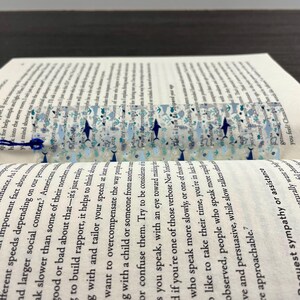 May include: A rectangular, translucent bookmark featuring a repeating pattern of dark blue sharks, light blue fish, and small green seaweed sprigs. The bookmark has a thin blue tassel attached to the left side and rests on an open book page.
