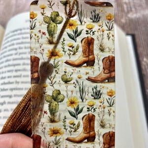 Western Boots Bookmark | Cowgirl Gift | Floral Cactus Reading Accessory | Rustic Bookmark with Tassel | Country Girl Gift Idea
