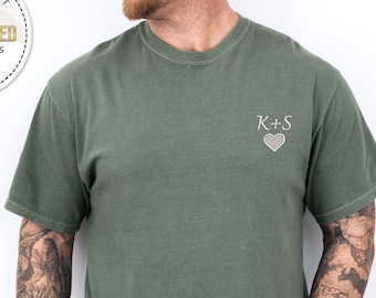 Personalized Couples Shirt, Custom Embroidered Initial Heart Shirt, Comfort Colors, Anniversary Gift, Valentine's Day Gift, Couples Gift Tee