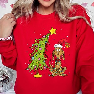 Whimsical Christmas Tree Sweatshirt, With Dog Max Whoville Tree Shirt, Whimsical Green Star Tree Shirt, Holiday Women Shirt, Christmas Party