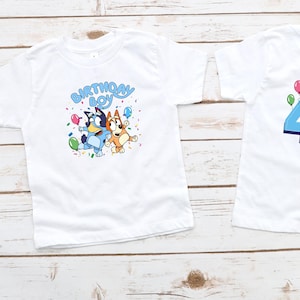 Blue Dog Custom Birthday Shirt, Custom Age Birthday Boy  2 Sided Shirt, Bluey Bingo Shirt, Bluey Cartoon Shirt,  Bluey Birthday  Gift