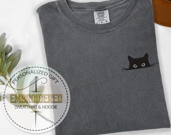 Embroidered Cat Shirt, Cute Cat Shirt, Comfort Colors Black Cat Shirt, Cat Peeking, Women's Funny Shirt, Gift for Cats Lover, Cat Mom Shirt