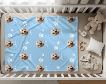 Custom Dog Photo Blanket Personalized | Golden Retriever Gift, Dog Name Paw Print Throw | Fathers Day Pet Lover Birthday Gift for Him Her