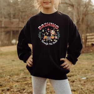May include: Black sweatshirt with a festive graphic. The design features a dachshund dog wearing a scarf and holding a gift, surrounded by Christmas decorations and the text "Dashing Through The Snow".
