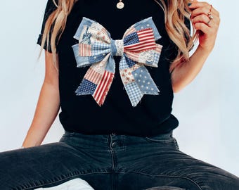 4th of July Patchwork Bow Shirt Women, Patriotic Graphic Tee, Boho American Flag Denim Gingham Floral Independence Day Tshirt USA Gift Tops