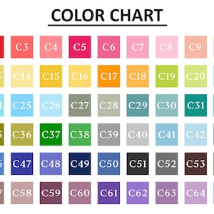 K&ouml;nnte beinhalten: Eine Farbkarte mit einem Raster aus sechsundsechzig quadratischen Farbfeldern, die jeweils mit einem Code von C1 bis C66 beschriftet sind. Die Karte zeigt ein breites Spektrum an Farbt&ouml;nen, darunter Rot, Rosa, Gelb, Gr&uuml;n, Blau, Grau, Braun und Lila.