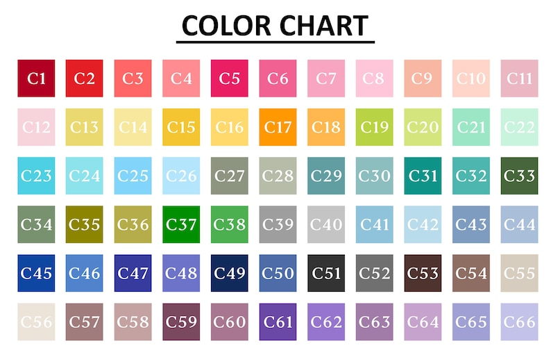 K&ouml;nnte beinhalten: Eine Farbkarte mit einem Raster aus sechsundsechzig quadratischen Farbfeldern, die jeweils mit einem Code von C1 bis C66 beschriftet sind. Die Karte zeigt ein breites Spektrum an Farbt&ouml;nen, darunter Rot, Rosa, Gelb, Gr&uuml;n, Blau, Grau, Braun und Lila.