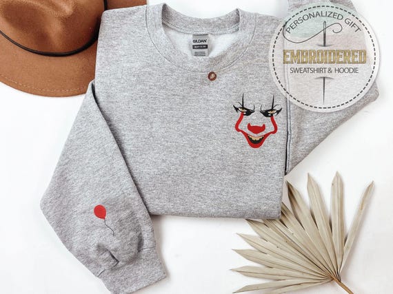 Embroidered Scary Clown Sweatshirt, Horror Sweatshirt, Balloon Sweatshirt, Retro Halloween Sweatshirt, Halloween Movie Sweatshirt