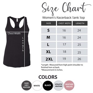 May include: Black racerback tank top with a size chart. The chart shows chest width and length measurements in inches for sizes S to 2XL. Available colors include dark grey heather, white, black, athletic heather, and heather mauve.