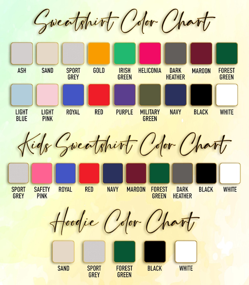 Peut inclure: Un nuancier de couleurs pour les sweatshirts, les sweatshirts pour enfants et les sweats &agrave; capuche. Le tableau affiche diff&eacute;rentes couleurs, notamment Ash, Sand, Sport Grey, Gold, Irish Green, Heliconia, Dark Heather, Maroon, Forest Green, Light Blue, Light Pink, Royal, Red, Purple, Military Green, Navy, Black et White.