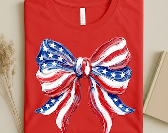 4th of July Bow Shirt Women, Coquette Patriotic Tee, American Flag Bow, Red White Blue Stars Stripes Independence Day Gift Her USA Top Cute