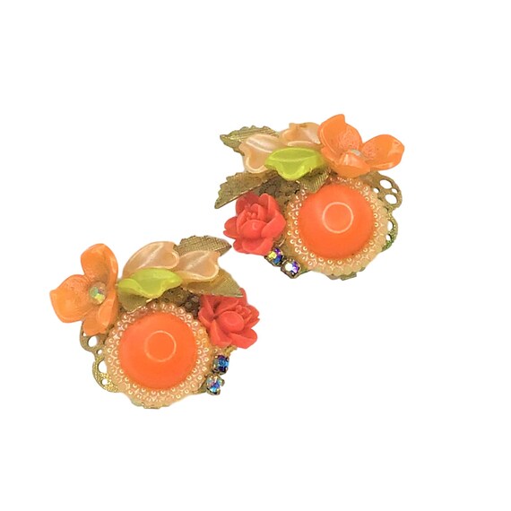Vintage 50s 60s Clip On Earrings Flower Orange Gre