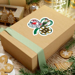 Boston Trifecta Clover Including Patriots Bruins Red Sox Celtics inside a three leaf clover Kiss-Cut Stickers