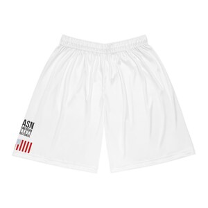 Basketball Shorts White with American States National text logo above American Civil Peace Flag