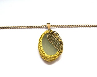 Sea glass necklace mustard yellow Christmas gift for her crochet bronze leaf gift for her textile jewelry seaglass pendant beach Weddings