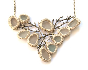 Bib Sea glass necklace twig necklace Christmas gift for her ooak bride jewelry collar beige ivory crochet seaglass bronze tree beach Wedding