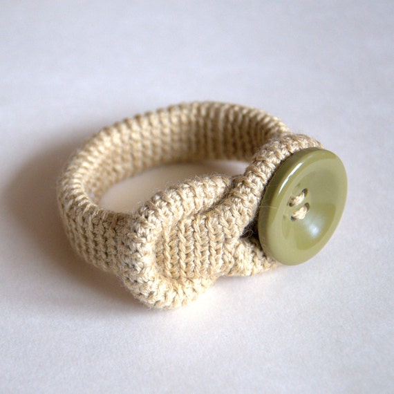 Crochet linen bracelet with olive green button Christmas Etsy