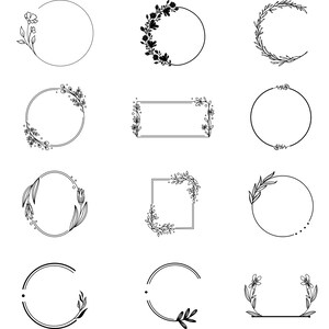Pode incluir: Um conjunto de 20 coroas e molduras florais em preto e branco. As coroas e as molduras são de várias formas, incluindo círculos, quadrados, hexágonos e ovais. São perfeitas para adicionar um toque de elegância a qualquer projeto.