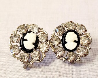 Vintage Cameo Rhinestone Earrings: Black & White, Silver Tone, Vintage Hong Kong