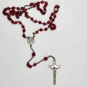 Vintage Rosary faceted ruby red color prayer beads religious items 1960s silver tone