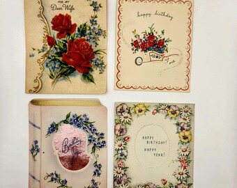 Vintage 1930s 1940s Birthday Cards Lot of 4 -  Floral & Booklet Greeting Cards Ephemera
