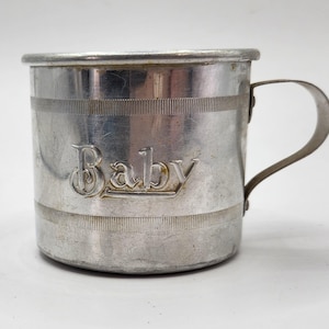 Vintage Aluminum Baby Feeding Cup: Embossed &quot;Baby&quot; zipper Design