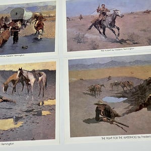 May include: Four art prints by Frederic Remington depicting scenes of the American West. The prints show cowboys, horses, and wagons in various landscapes. Titles include "The Emigrants" and "The Flight."